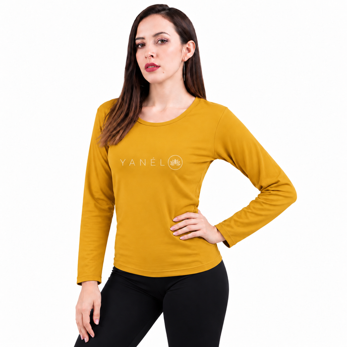 Blusa Jera Afelpada Manga Larga Cuello Redondo Unitalla Mostaza